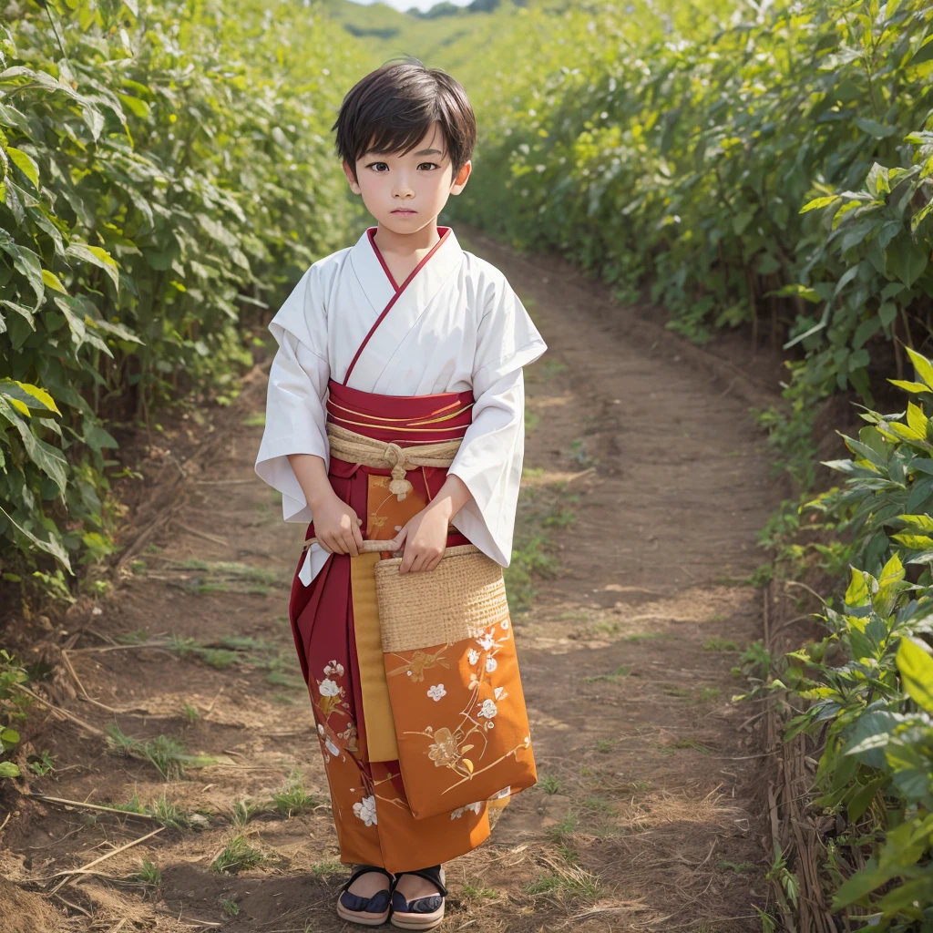 High resolution, Super detailed, masterpiece, highest quality,oriental、boy、Wearing traditional Japanese costumes、alone、boy doing farm work、