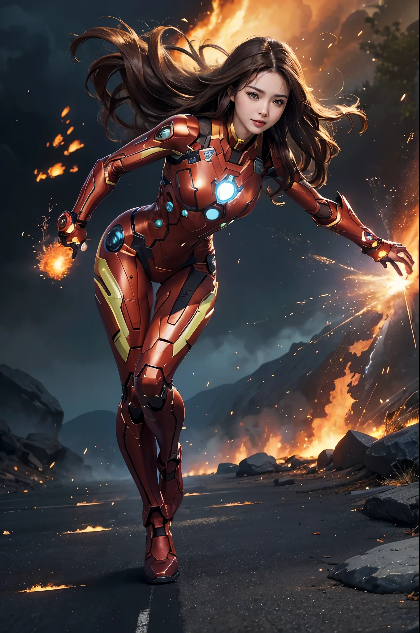 (((SFW))),bw_gt_v4r20 woman,dynamic angles,masterpiece,(detailed),(perfect skin),serious expression,long hair,smile,brown hair,brown eyes,medium breasts,lips,cosplaying as ironman,running through an explosion,debri everywhere,fire,explosions,(((full body))),(looking at viewer),(((action poses))),photorealistic,natural Lighting,