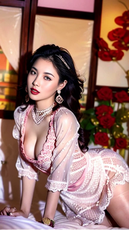a beautiful 25 year old women intimate with each other, (Transparent shirt: 1.2), (Undressed shirt), Thin clothes, Sleeveless, Big breasts, a women lying on the bed posing for photos, Real full body figure, Beautiful and detailed body and face , beautiful figure, ponytail, Clear, Smile, Beautiful and detailed body and face, Extra long angle of view, Fair skin, Bright colors, Asian, Almost nothing under clothes, Blurry, Chinese lingerie,(NSFW :1.4),(Full Body:1.5),(cute face:1.3),(big breasts:1.5),(high heels: 1.3),(big hips1.3),(medium thighs:1.3),(Random Dress :1.6),(breasts slightly exposed:1.5),(cleavage:1.5),(lipgloss:1.3),(legs wearing lace stockings with pink rose pattern:1.4),(Playful eyes:1.3),(Scarlet lips:1.3),(Fine skin texture:1.3),(Precise and perfect human anatomy:1.3),(Exquisite and perfect facial features:1.3), (Long eyelashes:1.3),(Scarlet lips:1.3),(The lips are shiny and textured:1.3),(Fine skin texture:1.3),(Beautiful detailed eyes:1.3),(Natural Color Lip:1.3),(look straight into the camera:1.3),(long earrings:1.4),(long earrings:1.4),(very long earrings:1.4),(wearing three stacked diamond necklaces with large pendants:1.5),(openlegs:1.3)