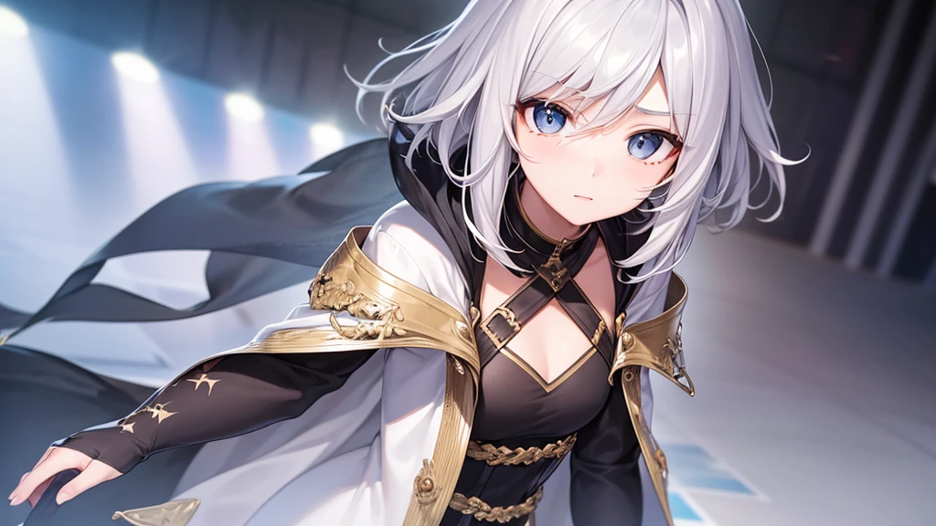 super high quality, with a girl, 20-year-old, very short hair, long bangs between the eyes, gray eyes , very detailed,(masterpiece、highest quality)、alone、gray hair、fantasy, silver hair, black eye, beautiful eyes, ecstasy, charm, be smitten with audience, white clothes、running