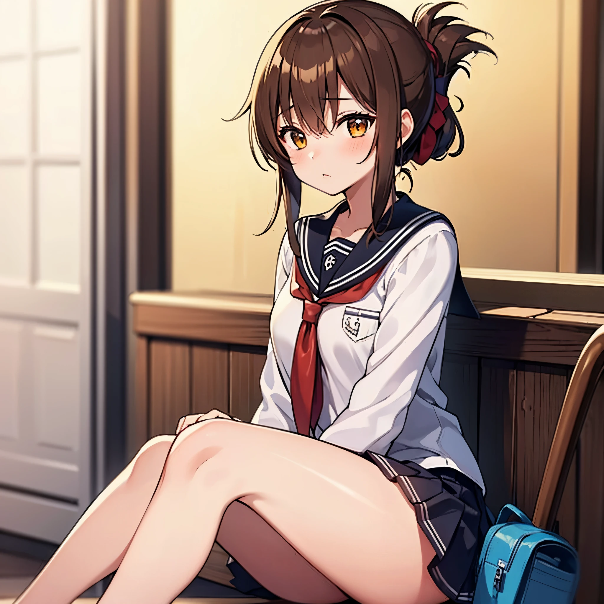 (masterpiece, best quality:1.2),illustration,8k,hd,1girl,solo,upper body,(portrait:1.2),brown_hair,folded_ponytail,brown_eyes,serafuku,long_hair,school_uniform,skirt,pleated_skirt,I am not feeling well and am holding my knees while observing a class on the floor of the school gymnasium.