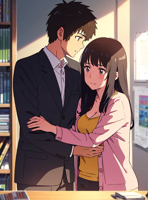 shinkai makoto, kimi no na wa., 1boy, buzzcut,office suit, boy caressing girl's body, passionate hug, face to face, 1girl, bangs, black hair, brown eyes, Twisted Half Up, red ribbon, long hair, long sleeve light pink cardigan, open shirt, yellow shirt, cleavage, breast, medium breast, storage room, indoors, masterpiece, perfect anatomy, cowboyshot