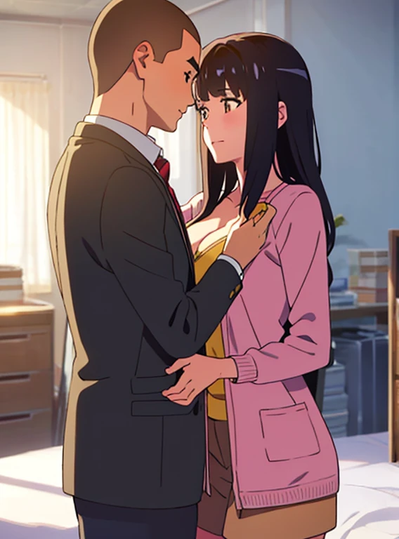 shinkai makoto, kimi no na wa., 1boy, buzzcut,office suit, boy caressing girl's body, passionate hug, face to face, 1girl, bangs, black hair, brown eyes, Twisted Half Up, red ribbon, long hair, long sleeve light pink cardigan, open shirt, yellow shirt, cleavage, breast, medium breast, storage room, indoors, masterpiece, perfect anatomy, cowboyshot
