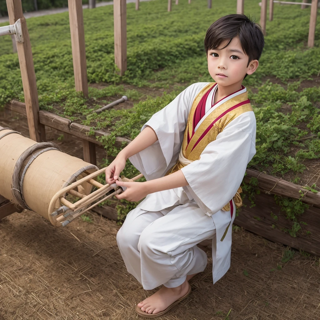  High resolution, Super detailed, masterpiece, highest quality,oriental、boy、Wearing traditional Japanese costumes、alone、boy doing farm work、