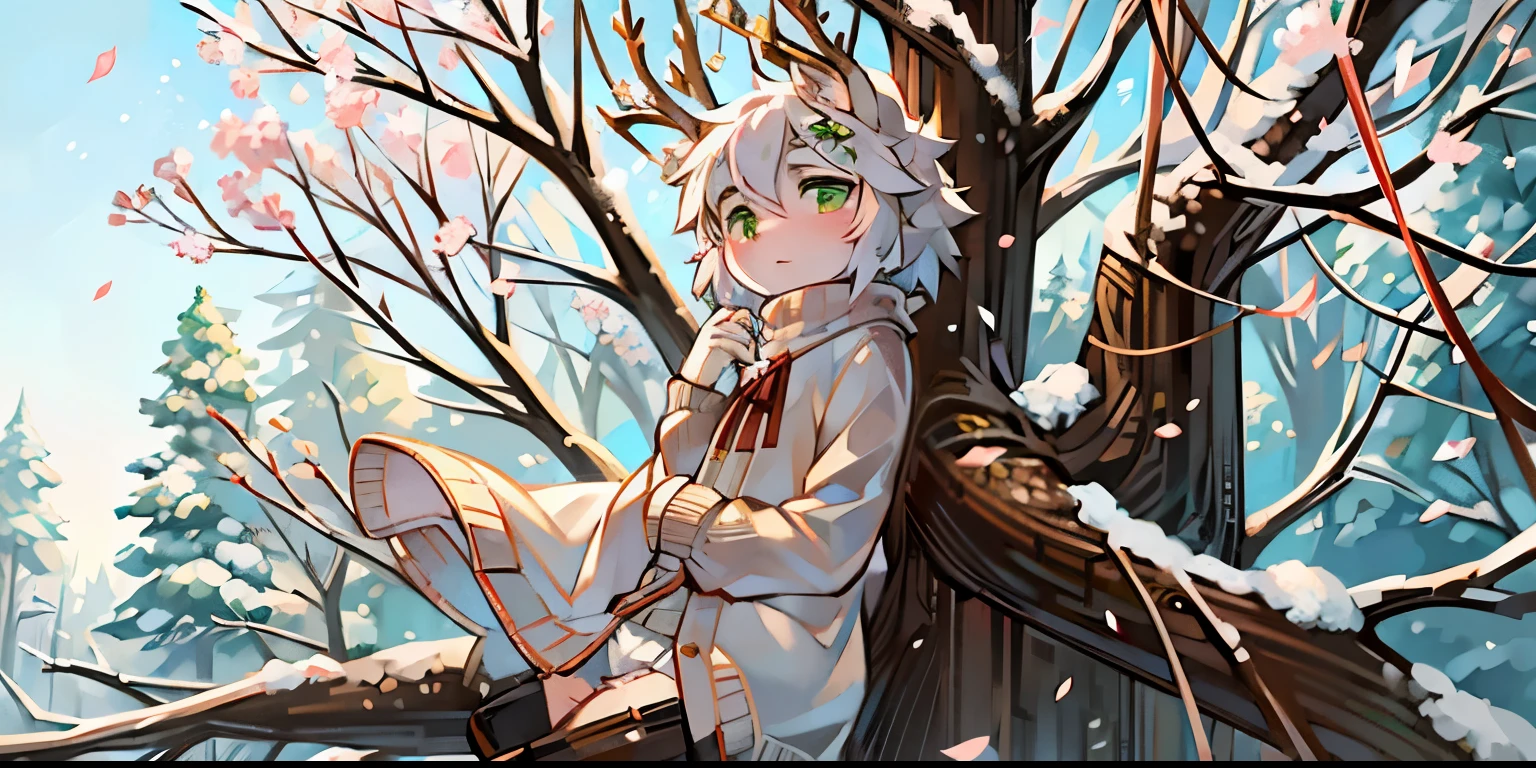 A white deer,antlers,Sit on a tree,Snow,Folding fan in hand,snowflake,covered with snow,forest,falling petals,Crystal pupils,Green eyes,A petal falls on the hand,Lovely Shota,A sad look,White costume,sweater,look back,白色的sweater