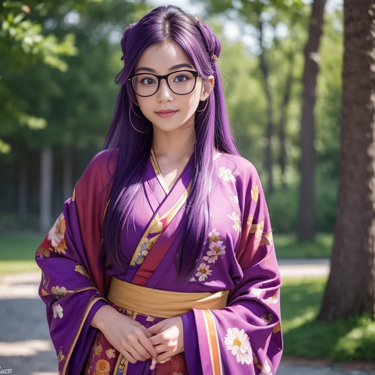 (masterpiece, best quality:1.4), (standing:1.5) (graceful pose:1), 1girl, solo, (european youth:1), arale, glasses, blue eyes, long hair, purple hair, with the word "ARALE", red kimono with floral printed, looking at viewer, beautifull smile, shy and graceful, beautiful face, smiley eyes, highly detailed face, highly detailed eyes, highly detailed skin, skin pores, subsurface scattering, realistic pupils, full face blush, full lips, detailed background, depth of field, volumetric lighting, sharp focus, absurdres, realistic proportions, good anatomy, (realistic, hyperrealistic:1.4), 16k hdr,