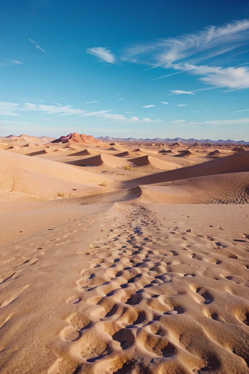 A surreal desert with pink dunes and intense blue skies.