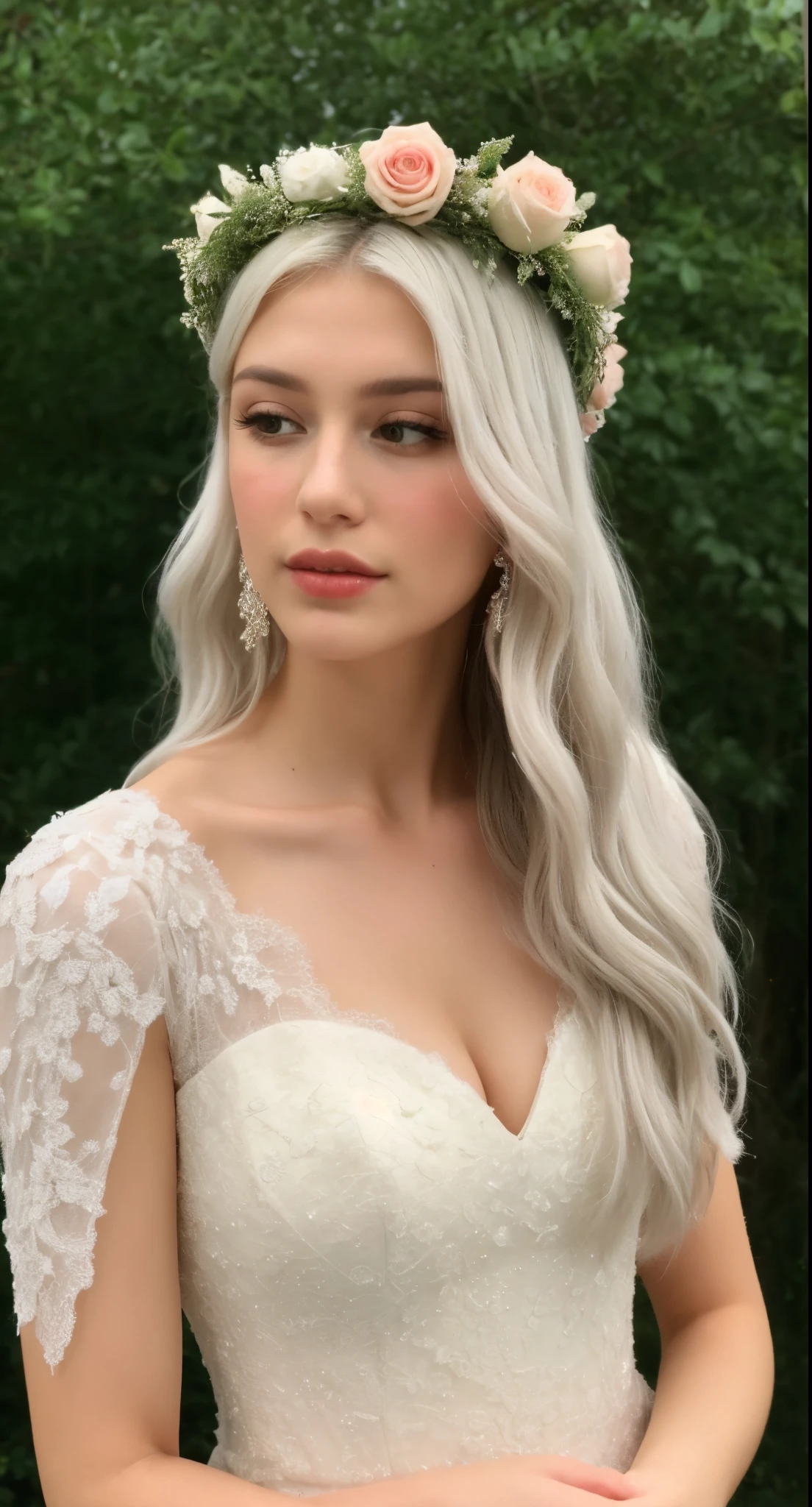((best quality)), ((masterpiece)), (detailed), perfect face, white hair , flower crown and elegan royal dress sitting