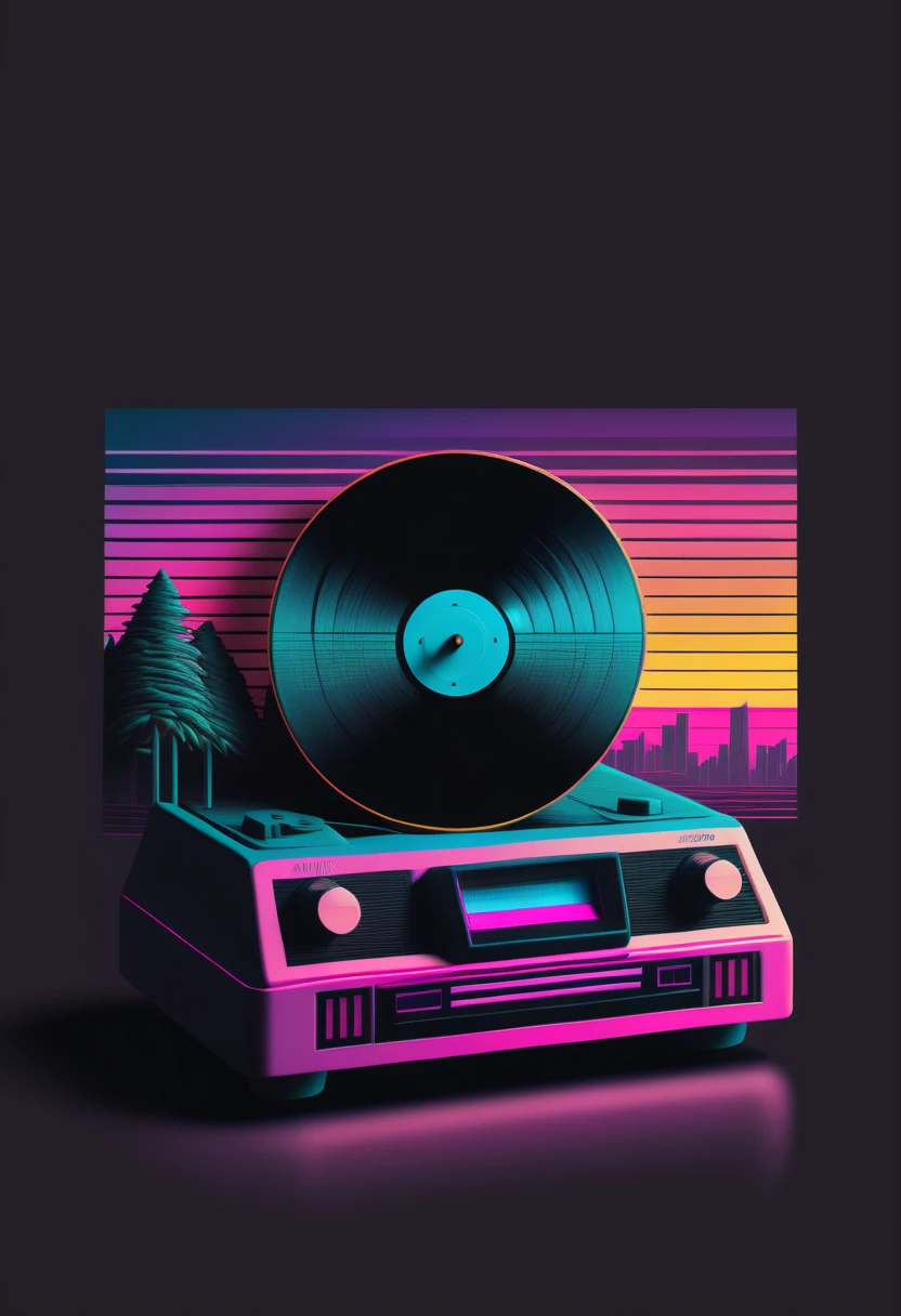 Retrowave, synthwave, a vintage vinyl record, dusty, scratches, old-fashioned, worn-out, grooves, retro design, classic music, spinning round and round, turntable, needle, musical nostalgia, soft crackling sound, black and white album cover, vintage vibes, nostalgic atmosphere, timeless melodies, spinning discs, analog sound, 80s style, music lovers, vinyl collection, laser show, immersive experience, dance floor, vibrant nightlife, disco ball, party atmosphere, pulsating beats, euphoric moments, electric energy, exhilarating ambiance, mesmerizing light effects, immersive audio experience, Vaporwave Aesthetic style and zentangle style, retrowave. synthwave, retro futuristic, video game, vector vaporwave,,blurred, crunch it, make it outstanding, the best emotive silhouette ever, sparkles, musical explosions, flying musical notes, magical, thanks. By Tupu...lol...