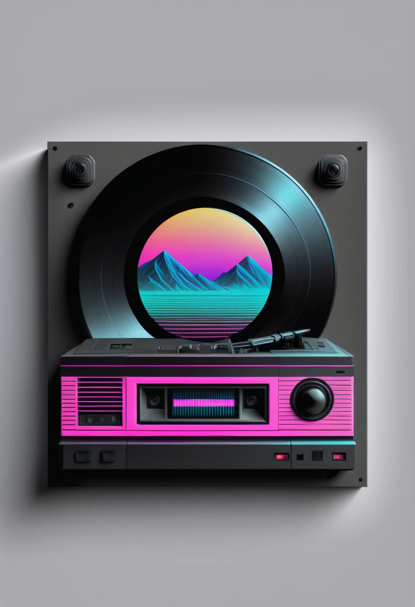 Retrowave, synthwave, a vintage vinyl record, dusty, scratches, old-fashioned, worn-out, grooves, retro design, classic music, spinning round and round, turntable, needle, musical nostalgia, soft crackling sound, black and white album cover, vintage vibes, nostalgic atmosphere, timeless melodies, spinning discs, analog sound, 80s style, music lovers, vinyl collection, laser show, immersive experience, dance floor, vibrant nightlife, disco ball, party atmosphere, pulsating beats, euphoric moments, electric energy, exhilarating ambiance, mesmerizing light effects, immersive audio experience, Vaporwave Aesthetic style and zentangle style, retrowave. synthwave, retro futuristic, video game, vector vaporwave,,blurred, crunch it, make it outstanding, the best emotive silhouette ever, sparkles, musical explosions, flying musical notes, magical, thanks. By Tupu...lol...