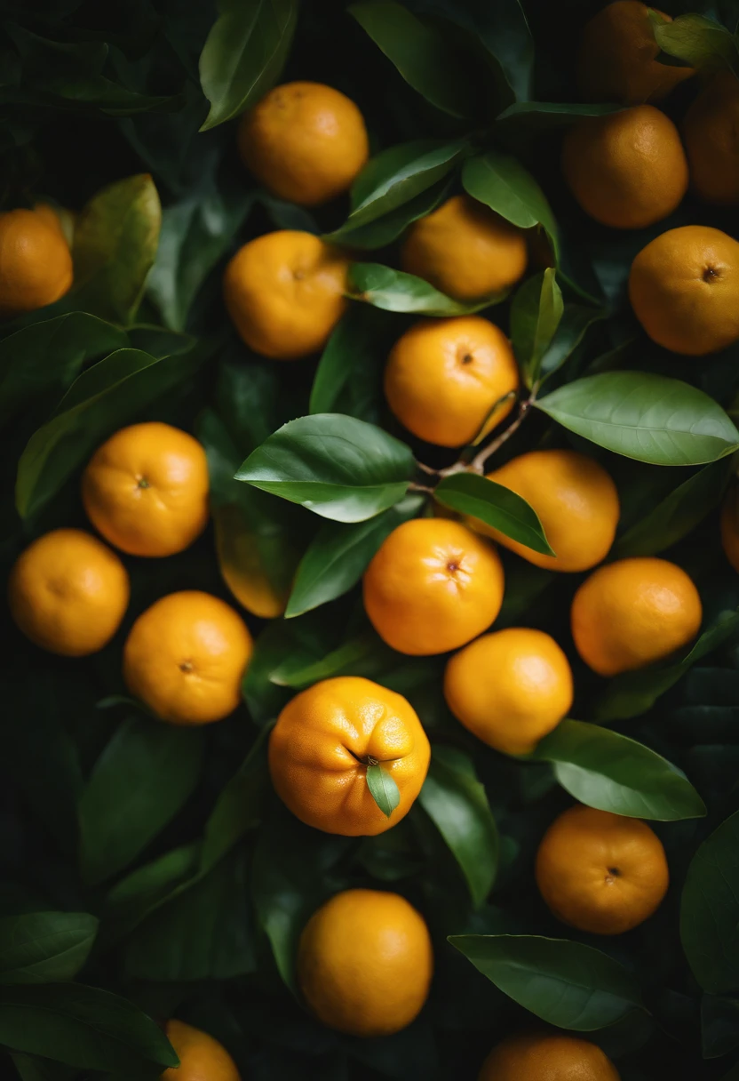 An aesthetic photography composition showcasing a yellow mandarin fruit amidst a cluster of vibrant green leaves, with the natural light casting beautiful shadows and highlights, creating a visually pleasing and organic scene.