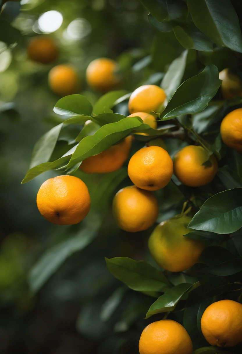 An aesthetic photography composition showcasing a yellow mandarin fruit amidst a cluster of vibrant green leaves, with the natural light casting beautiful shadows and highlights, creating a visually pleasing and organic scene.