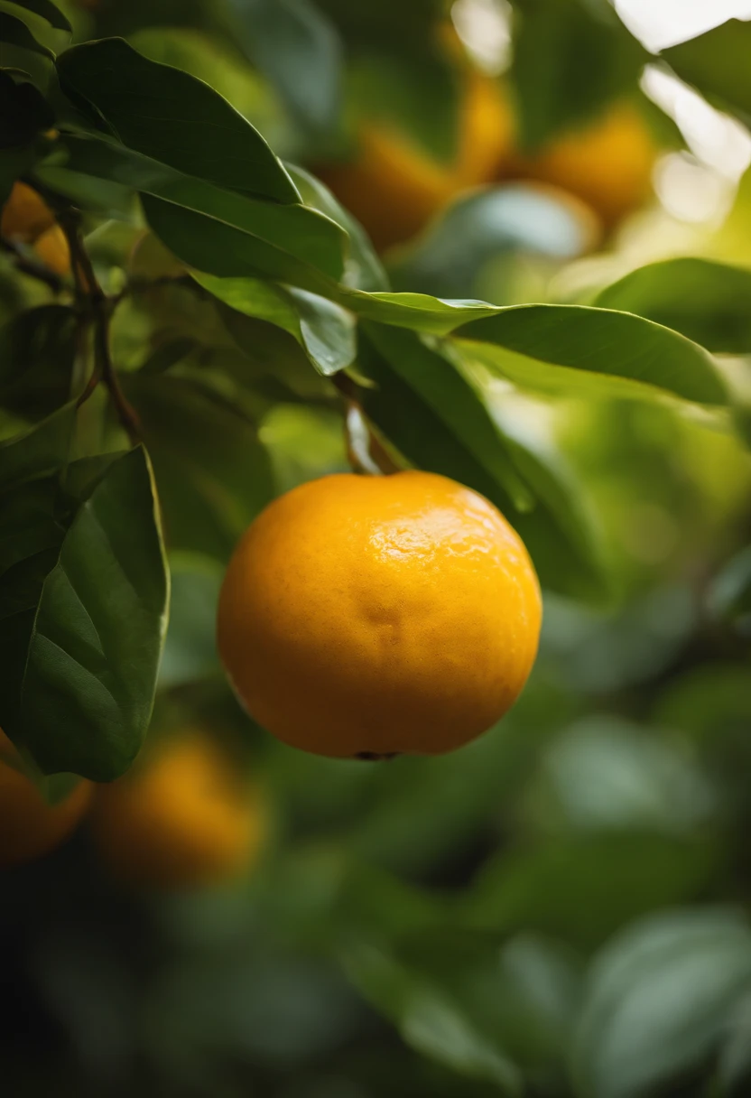 An aesthetic photography composition showcasing a yellow mandarin fruit amidst a cluster of vibrant green leaves, with the natural light casting beautiful shadows and highlights, creating a visually pleasing and organic scene.