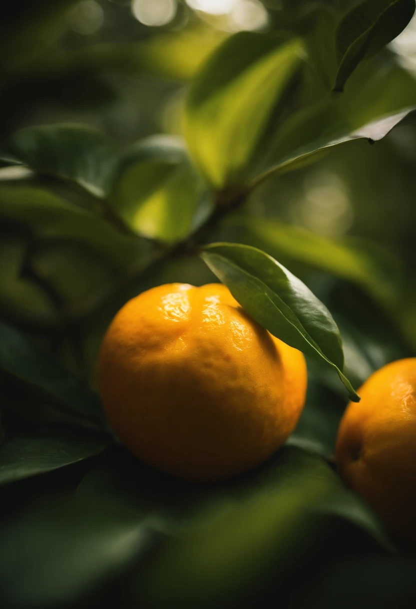 An aesthetic photography composition showcasing a yellow mandarin fruit amidst a cluster of vibrant green leaves, with the natural light casting beautiful shadows and highlights, creating a visually pleasing and organic scene.