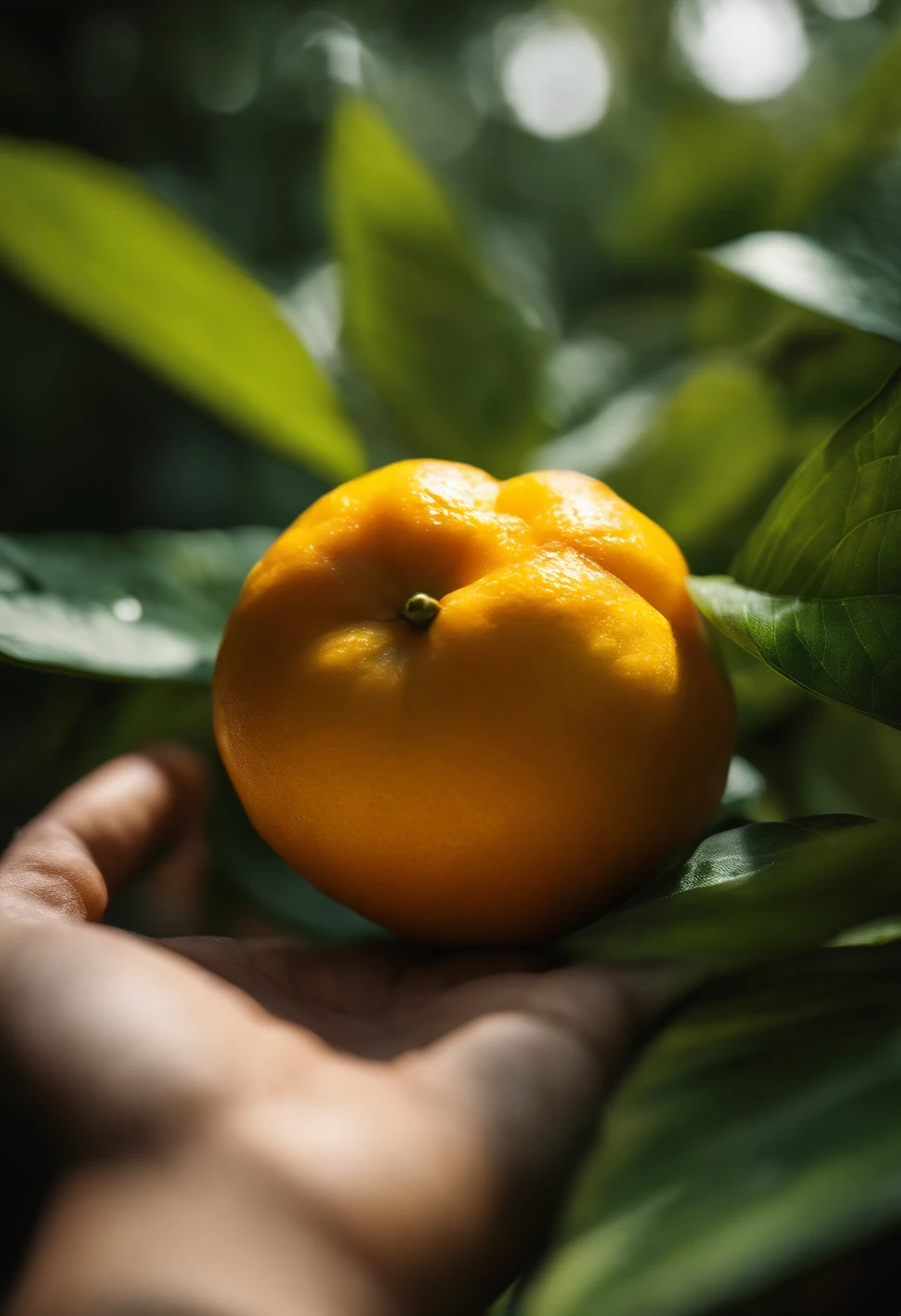 An aesthetic photography composition showcasing a yellow mandarin fruit amidst a cluster of vibrant green leaves, with the natural light casting beautiful shadows and highlights, creating a visually pleasing and organic scene.