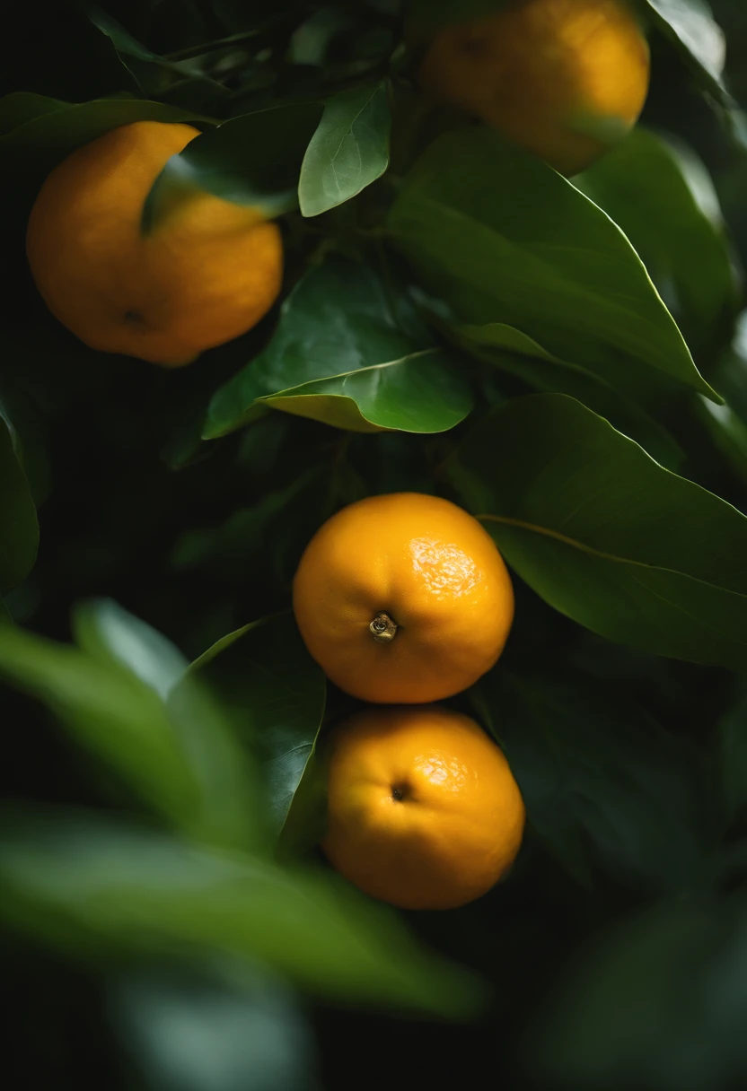 An aesthetic photography composition showcasing a yellow mandarin fruit amidst a cluster of vibrant green leaves, with the natural light casting beautiful shadows and highlights, creating a visually pleasing and organic scene.