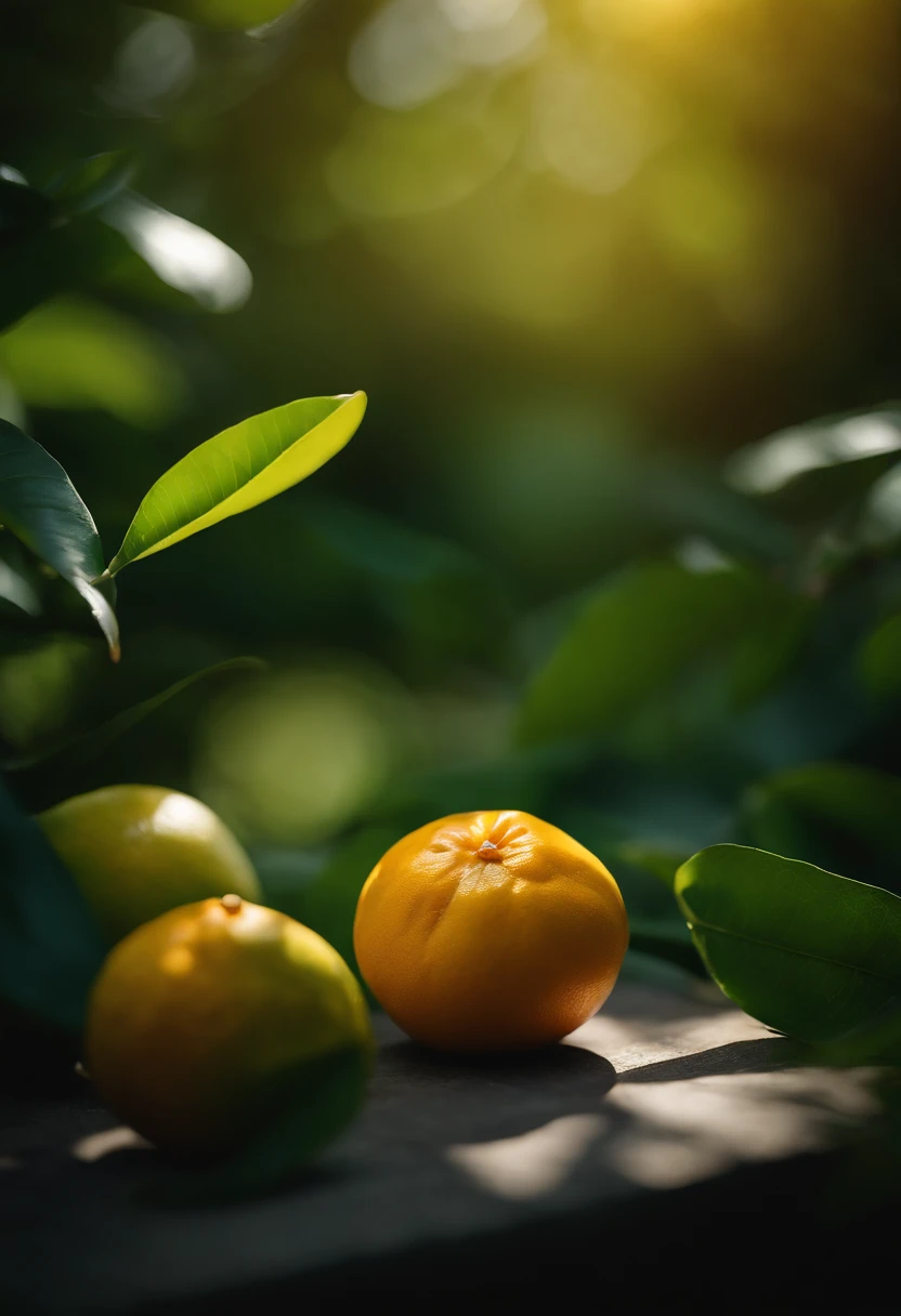 An aesthetic photography composition showcasing a yellow mandarin fruit amidst a cluster of vibrant green leaves, with the natural light casting beautiful shadows and highlights, creating a visually pleasing and organic scene.