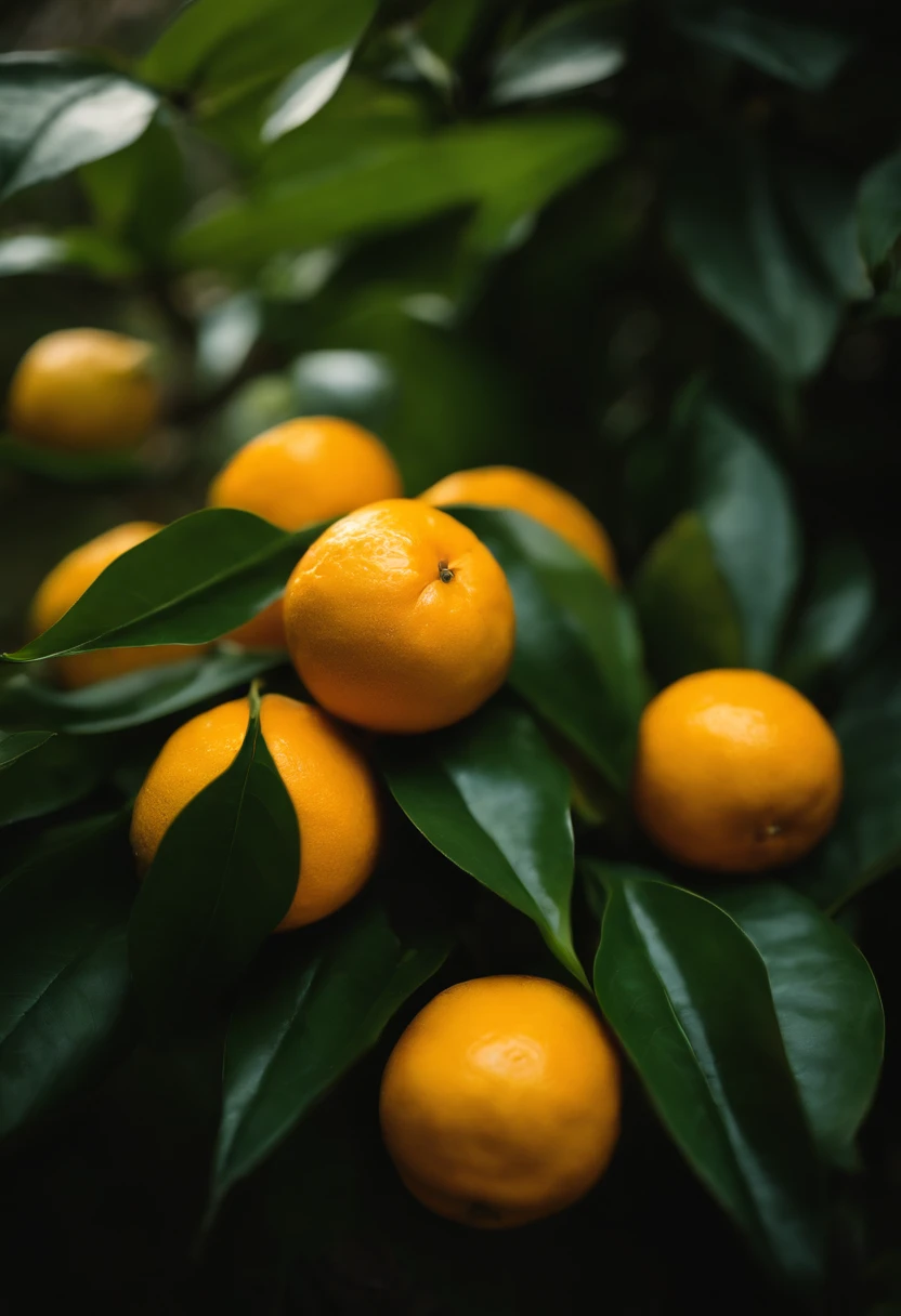 An aesthetic photography composition showcasing a yellow mandarin fruit amidst a cluster of vibrant green leaves, with the natural light casting beautiful shadows and highlights, creating a visually pleasing and organic scene.