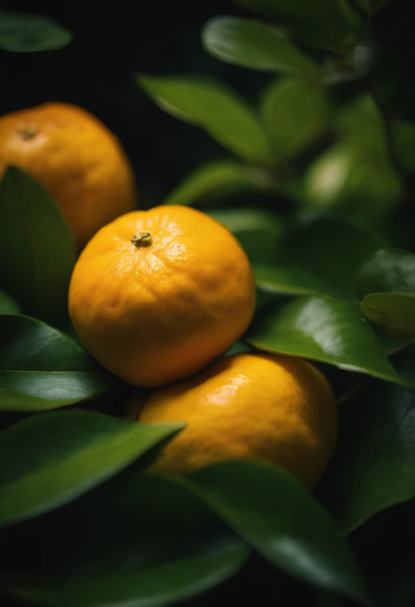 An aesthetic photography composition showcasing a yellow mandarin fruit amidst a cluster of vibrant green leaves, with the natural light casting beautiful shadows and highlights, creating a visually pleasing and organic scene.