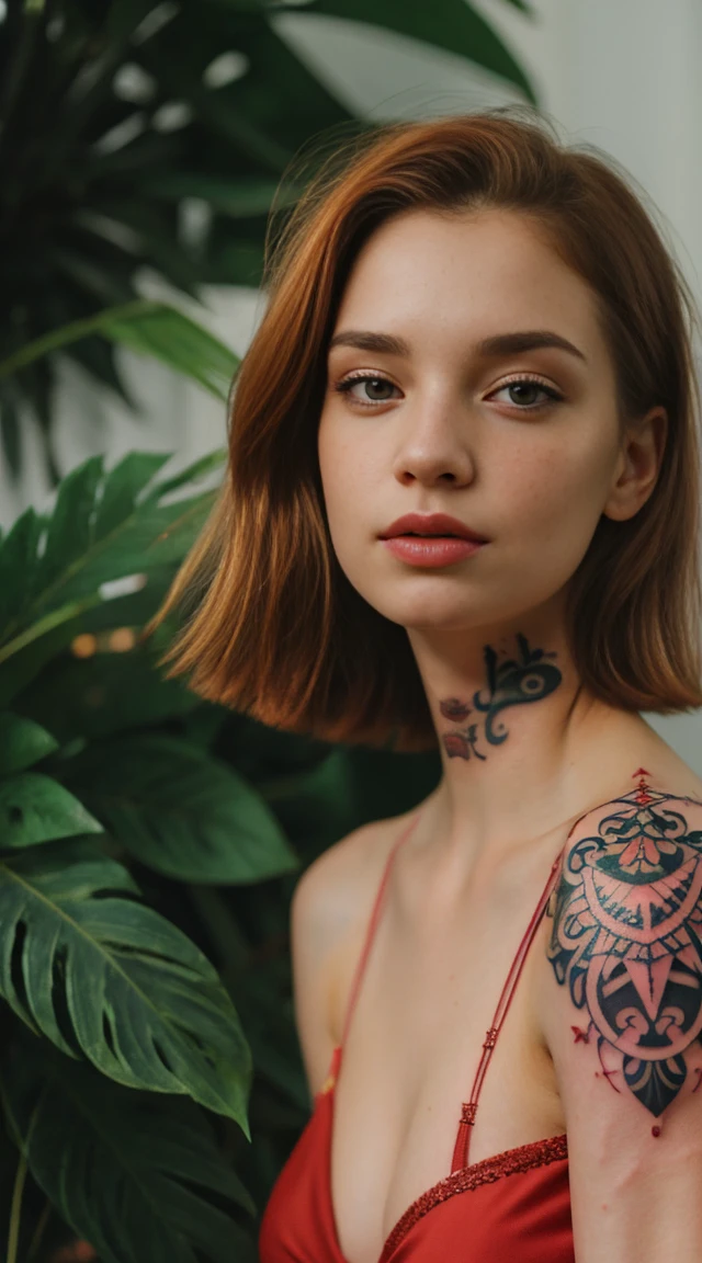 27 years old, gorgeous cute Russian girl, smirk, freckles, 1girl, cowboy shot of beautiful ada, looking at viewer, red dress, ginger hair, blush, short hair, athletic night, volumetric lighting, White batik dress with black layers , best quality, masterpiece, intricate details, tonemapping, sharp focus, hyper detailed, trending on Artstation, ada, realistic armpits sweaty and hairy a lot, good young girl, (masterpiece:1.0),(best_quality:1.0), ultra high res,4K,ultra-detailed, photography, 8K, HDR, highres, absurdres:1.2, Kodak portra 400, blurry background, bokeh, lens flare, (vibrant_color:1.2),professional photograph,(the_tattoo:1.5),(Beautiful,small_Breasts), (beautiful_face:1.5),(narrow_waist).
