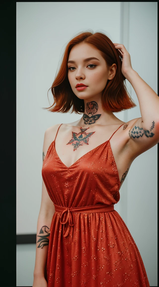 27 years old, gorgeous cute Russian girl, smirk, freckles, 1girl, cowboy shot of beautiful ada, looking at viewer, red dress, ginger hair, blush, short hair, athletic night, volumetric lighting, White batik dress with black layers , best quality, masterpiece, intricate details, tonemapping, sharp focus, hyper detailed, trending on Artstation, ada, realistic armpits sweaty and hairy a lot, good young girl, (masterpiece:1.0),(best_quality:1.0), ultra high res,4K,ultra-detailed, photography, 8K, HDR, highres, absurdres:1.2, Kodak portra 400, blurry background, bokeh, lens flare, (vibrant_color:1.2),professional photograph,(the_tattoo:1.5),(Beautiful,small_Breasts), (beautiful_face:1.5),(narrow_waist).
