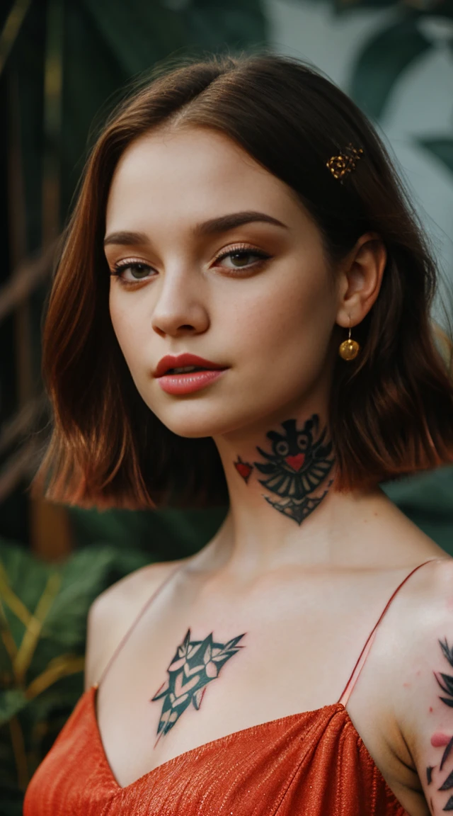 27 years old, gorgeous cute Russian girl, smirk, freckles, 1girl, cowboy shot of beautiful ada, looking at viewer, red dress, ginger hair, blush, short hair, athletic night, volumetric lighting, White batik dress with black layers , best quality, masterpiece, intricate details, tonemapping, sharp focus, hyper detailed, trending on Artstation, ada, realistic armpits sweaty and hairy a lot, good young girl, (masterpiece:1.0),(best_quality:1.0), ultra high res,4K,ultra-detailed, photography, 8K, HDR, highres, absurdres:1.2, Kodak portra 400, blurry background, bokeh, lens flare, (vibrant_color:1.2),professional photograph,(the_tattoo:1.5),(Beautiful,small_Breasts), (beautiful_face:1.5),(narrow_waist).