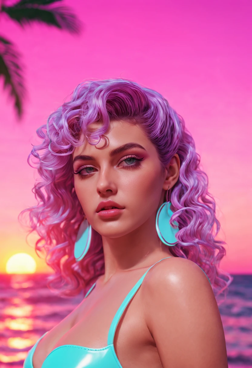 a close up of Lucia GTA 6, vaporwave lighting style, vaporwave wallpaper environment, neon synth wave, vaporwave sunrise background, neon landscape, retrowave vibes, retro-wave vibes, retro pink synthwave style, synthwave background, synthwave aesthetic, (best quality,4k,highres,masterpiece:1.2)