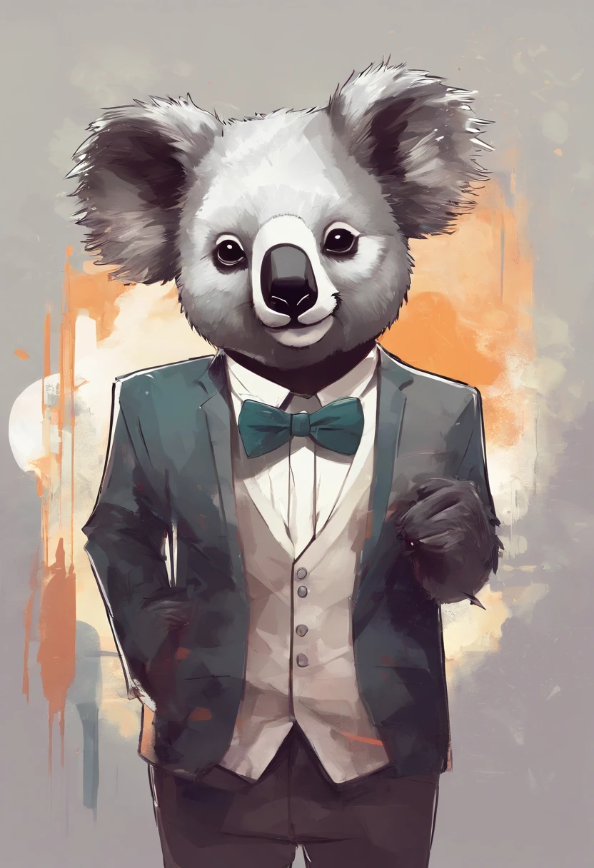 anthropomorphic koala, de cuerpo entero, vestido formalmente con un blazer, sostiene una bandeja, pegatina de panda, sticker de panda.
