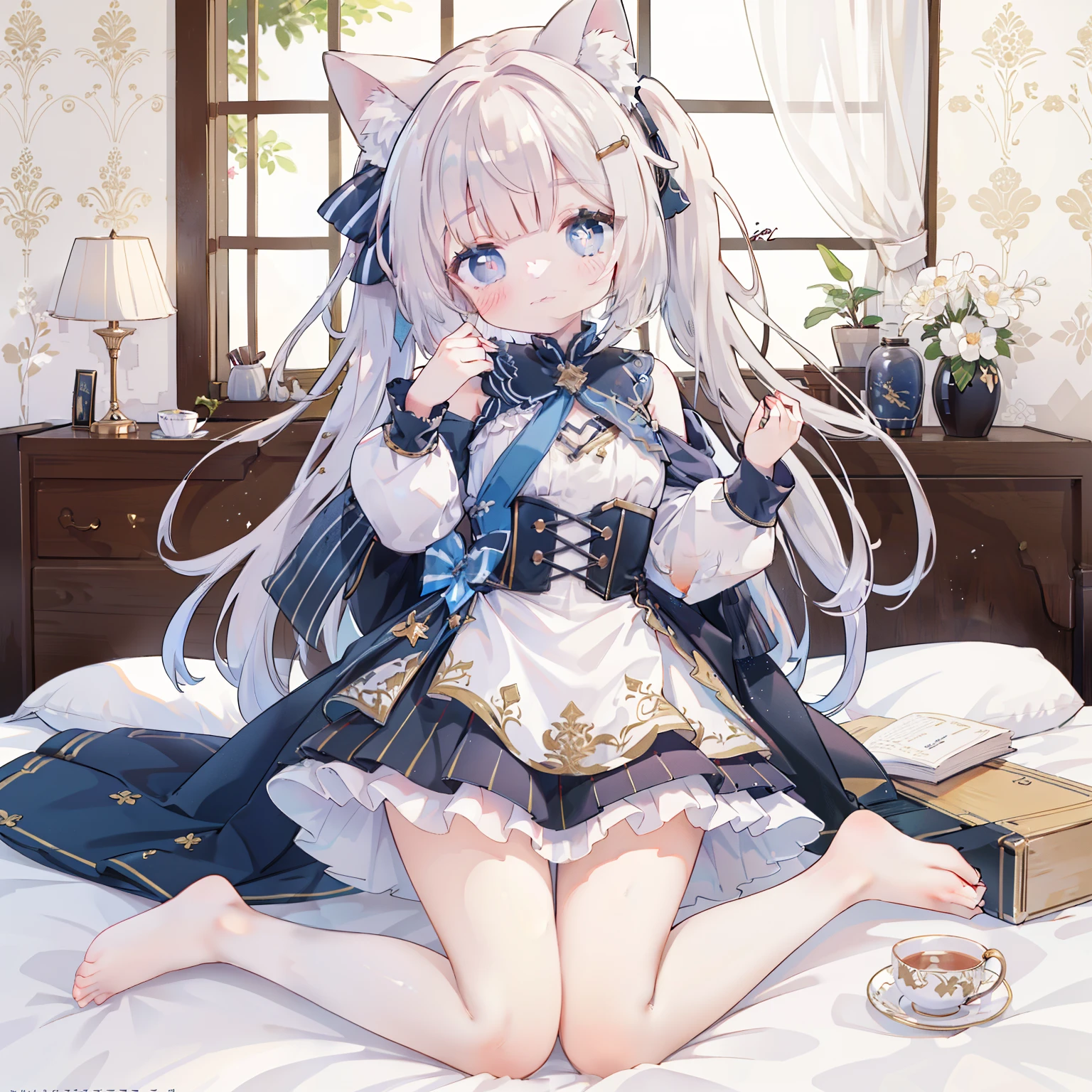 (best quality,8k,high resolution,masterpiece:1.2),super detailed,lifelike,CG wallpaper,Excellent, Beautiful and delicate face, 1 girl, alone, cross-shaped pupils, Default attire, Everlasting，Kneel on the bed