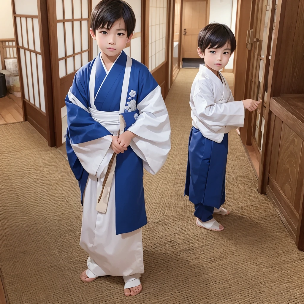 3 year old bald monk，Wearing a white robe，Chubby little face，Big round eyes，High nose bridge，With a smile，They were holding hands.，Sitting cross-legged。Lotus pattern background。Kilo，Adorable，Small dimples