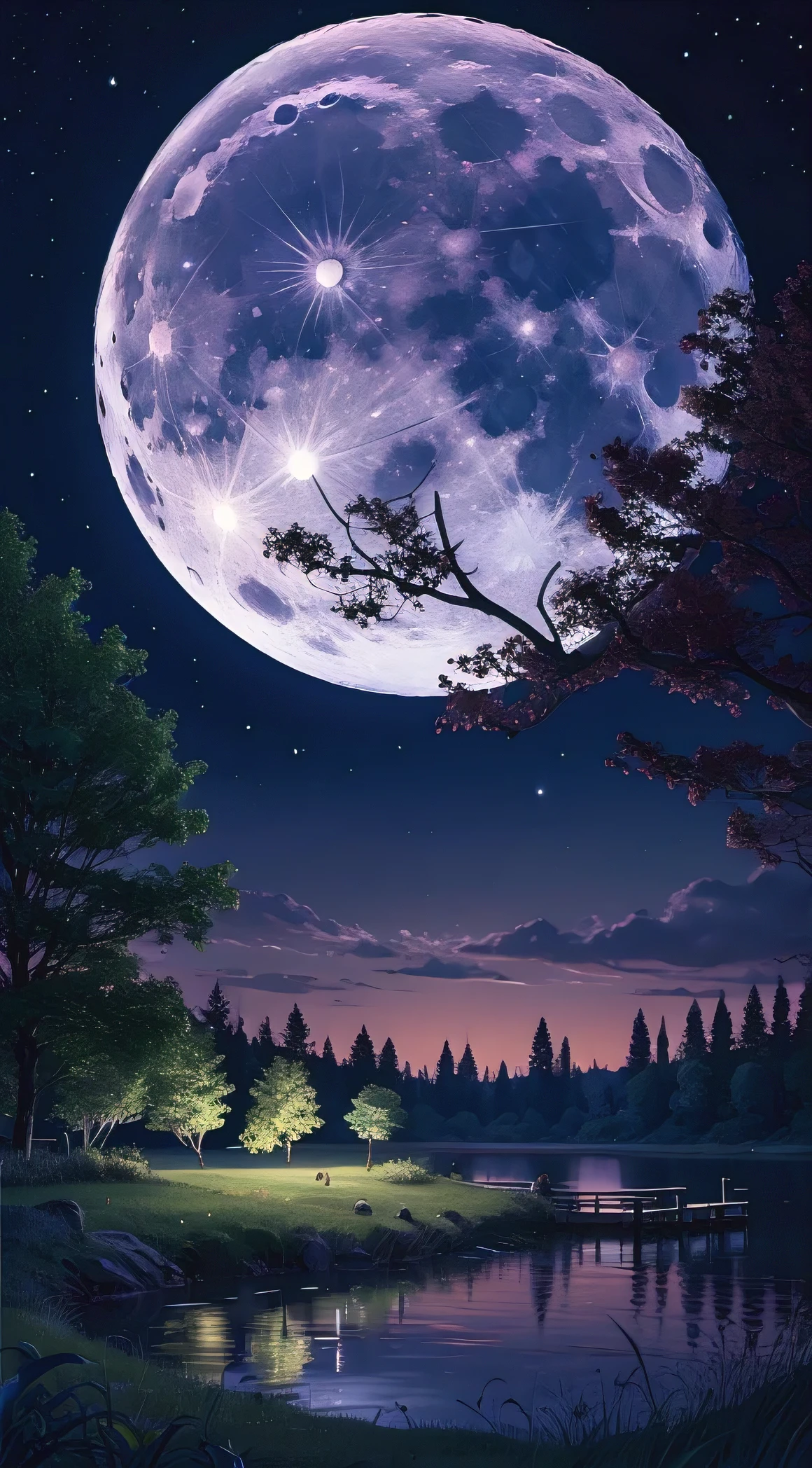 There is a bench in the grass near a lake and a giant tree, cattle grazing near the trees, the moon reflects in the water, full moon in the background, full moon in the background, big moon in the background, big moon in the background!, (moon in the background), moon reflecting in the water, moon in the background, perfect and sharp moon, Moon in the background