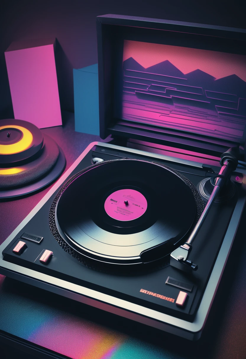 Retrowave, synthwave, a vintage vinyl record, dusty, scratches, old-fashioned, worn-out, grooves, retro design, classic music, spinning round and round, turntable, needle, musical nostalgia, soft crackling sound, black and white album cover, vintage vibes, nostalgic atmosphere, timeless melodies, spinning discs, analog sound, 80s style, music lovers, vinyl collection, laser show, immersive experience, dance floor, vibrant nightlife, disco ball, party atmosphere, pulsating beats, euphoric moments, electric energy, exhilarating ambiance, mesmerizing light effects, immersive audio experience, Vaporwave Aesthetic style and zentangle style, retrowave. synthwave, retro futuristic, video game, vector vaporwave,,blurred, crunch it, make it outstanding, the best emotive silhouette ever, sparkles, musical explosions, flying musical notes, magical, thanks. By Tupu...lol...