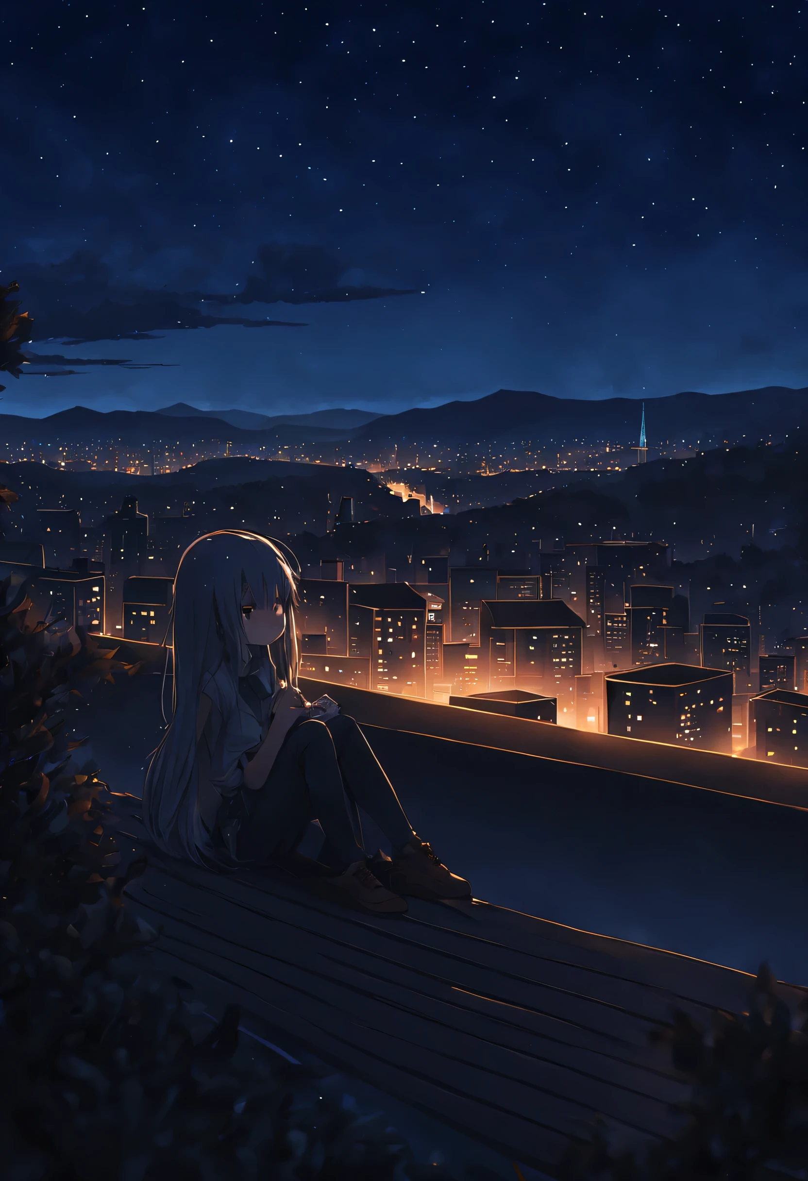 octane number, null, star (null), scenery, starry null, night, 1 girl, night null, alone, outdoor, building, cloud, milky way, sitting, wood, long hair, city, silhouette, cityscape down to the last detail、surreal、
Also々It's very cute and cute、
Characters inspired by anime、
down to the last detailこだわった顔立ち、
fine eyes、Side view、night、mist、