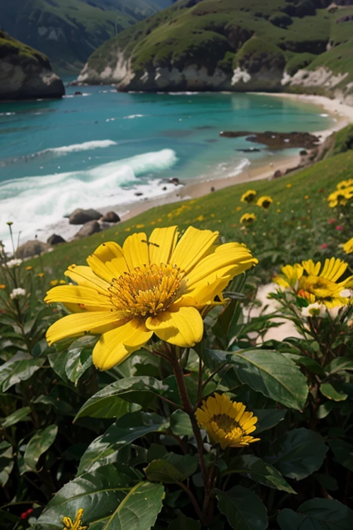 Uma montanha coberta de flores alpinas em tons de amarelo, vermelho e azul.