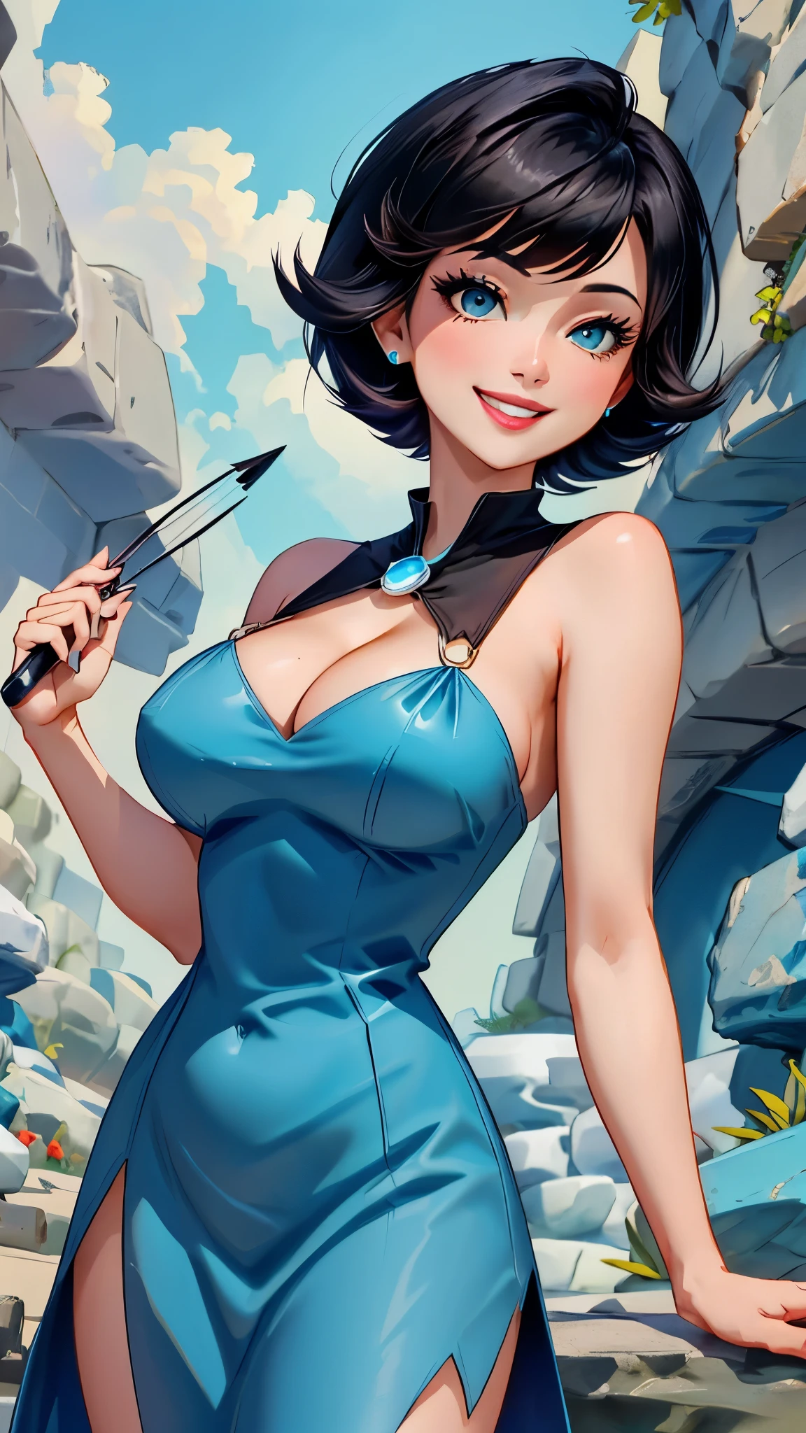 (Betty OC:1), (short hair, black hair, blue dress, bare shoulders:1), (curved, Big breasts), looking at the audience, Smile, lean forward, Sexy, Lovely, cave,( hairpin:1.2), cleavage portrait, 
(masterpiece:1.2), (best quality, best quality), (Super detailed), (8k, 4K, complex), (50mm), 
 