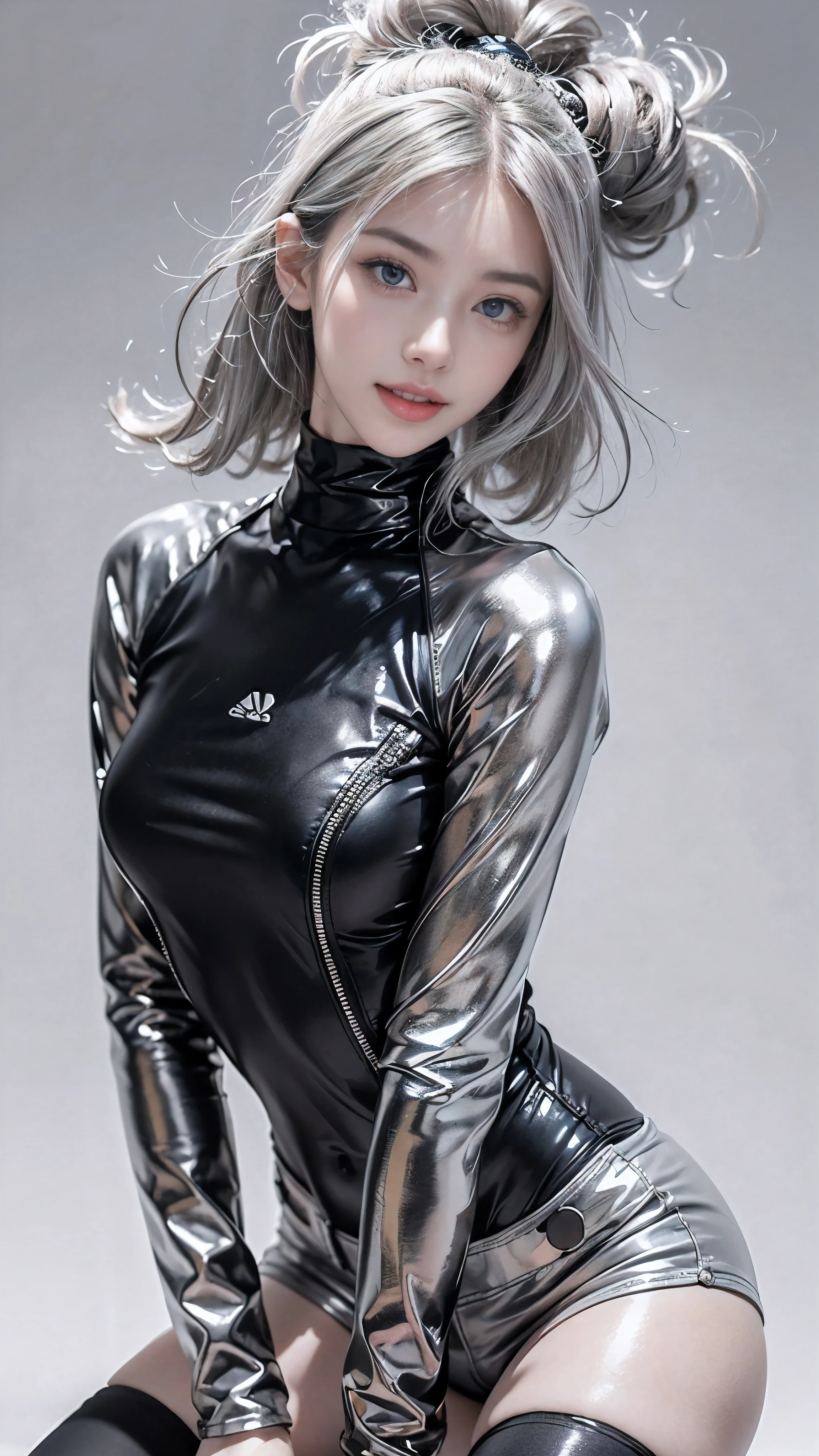 ((22year old、Russian、Beautie、Extraordinary Beauty、Delicate face, eyes and body:1.8))、(Silvery hair、Short Bob:1.7)、((Silver and black rubber bodysuit:2.5))、(bewitching poses:1.6)、((Background with、embankment、Big riverside、Morning cityscape、A refreshing morning:1.5)),((D Cup Breasts、toned hips、Constricted hips、big butts:1.5))、((smile, evil smile:1.6)), Surrealism, high detail, Hyperrealism, film grain, tachi-e, parkle, UHD, ccurate, anatomically correct, textured skin, super detail, high details, high quality, best quality,1080P, HD, 8k,