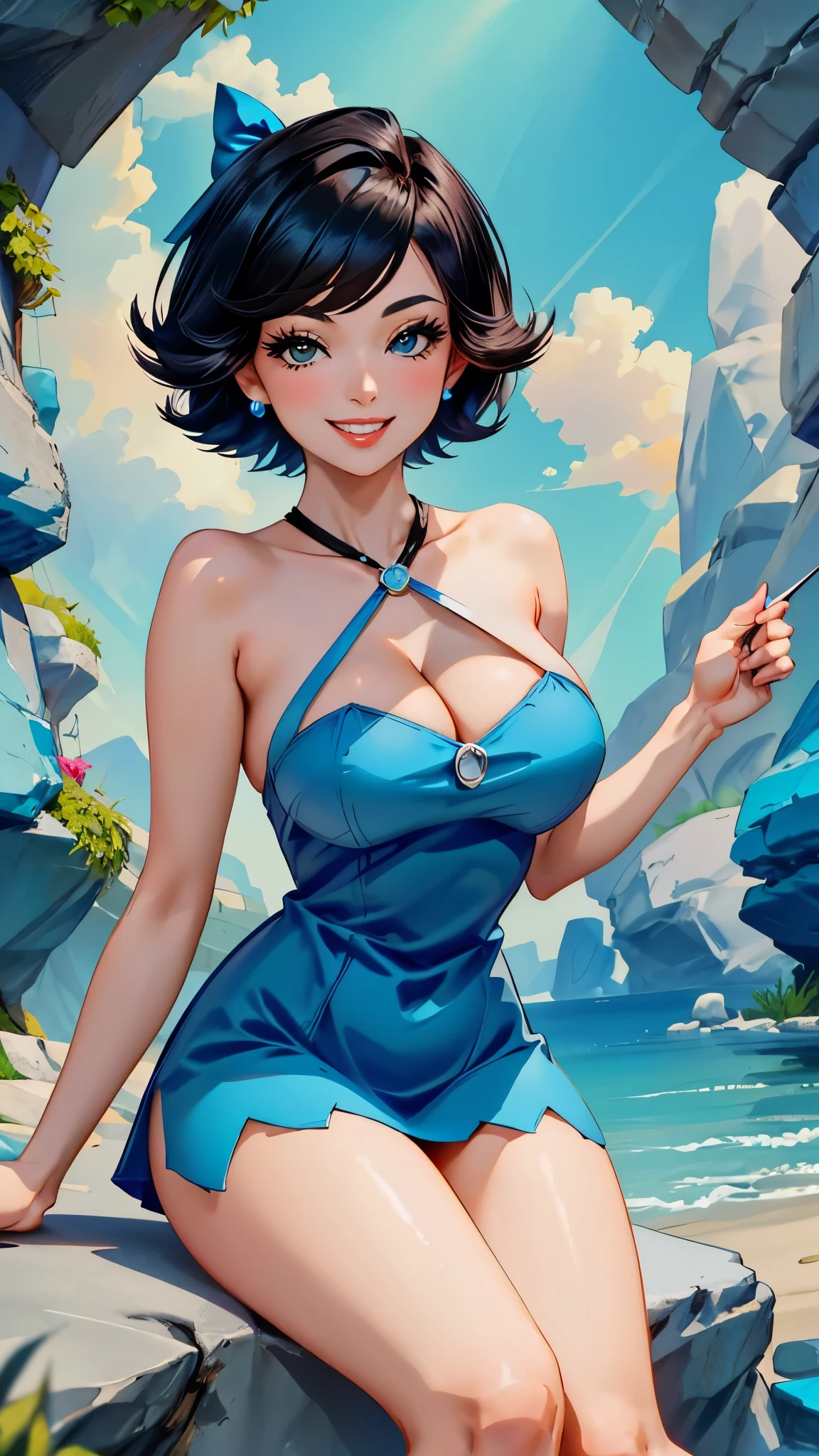 (Betty OC:1), (short hair, black hair, blue dress, bare shoulders:1), (curved, Big breasts), looking at the audience, Smile, lean forward, Sexy, Lovely, cave,( hairpin:1.2), cleavage portrait, 
(masterpiece:1.2), (best quality, best quality), (Super detailed), (8k, 4K, complex), (50mm), 
 