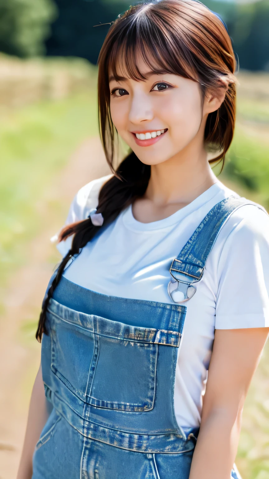 (realistic, photo-realistic:1.4), (extremely detailed 8k wallpaper), sharp focus, bokeh, detailed beautiful eyes and skin, (Image from thighs to head:1.2), Canon R5 50mm, (Japanese idol:1.4), 25yo, beautiful woman, smile, large breast, Casual denim overalls with a striped T-shirt, Relaxed, Playful, Countryside farm, Rolling hills,