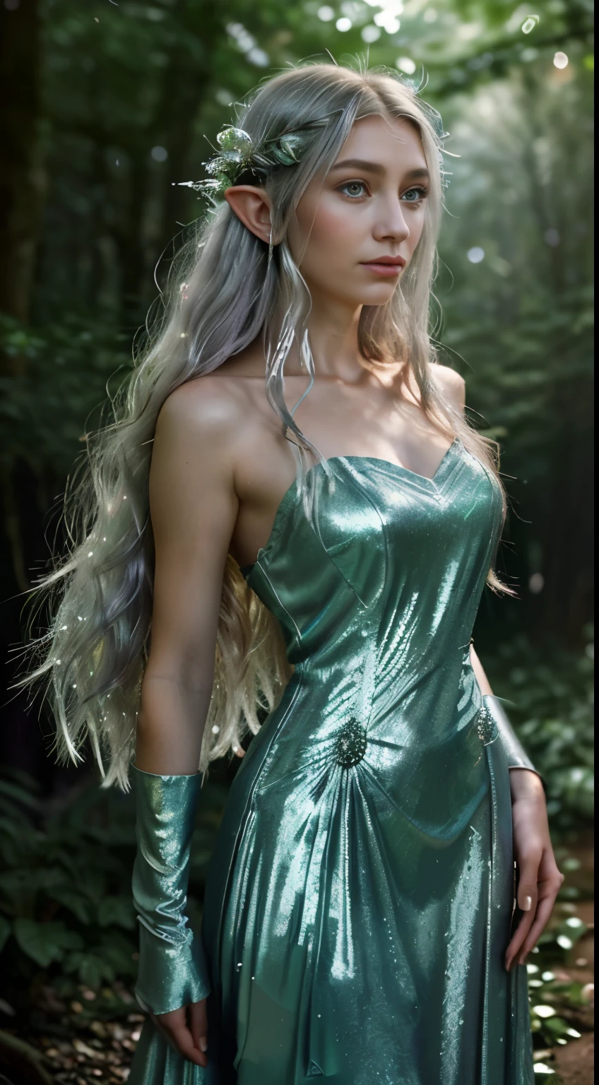 (Selfie of a beautiful elf girl with exquisite features, wearing a flowing gown, standing gracefully in a moonlit forest),(best quality,ultra-detailed,photorealistic),portrait,studio lighting,vivid colors,enchanted ambiance,fairytale feeling,mysterious night,starlit sky,ethereal beauty,dreamlike atmosphere,peaceful serenity,subtle glow,soft shadows,shimmering silver dress, flowing golden hair,sparkling eyes,wisdom in her gaze,tranquil expression,magical aura,forest creatures in the background,gentle breeze rustling leaves,mystical whispers in the air,luminous moon,glistening dewdrops on flowers,quiet reflection,intricate details of nature,subtle hints of magic in the surroundings,mesmerizing presence(/[elf][girl][grace][moonlight][night][dream][peace][star][silhouette][beauty][serene][wisdom][mystery][ethereal][flow][mystical][whisper][golden][shimmer][sparkle][magic][nature])/