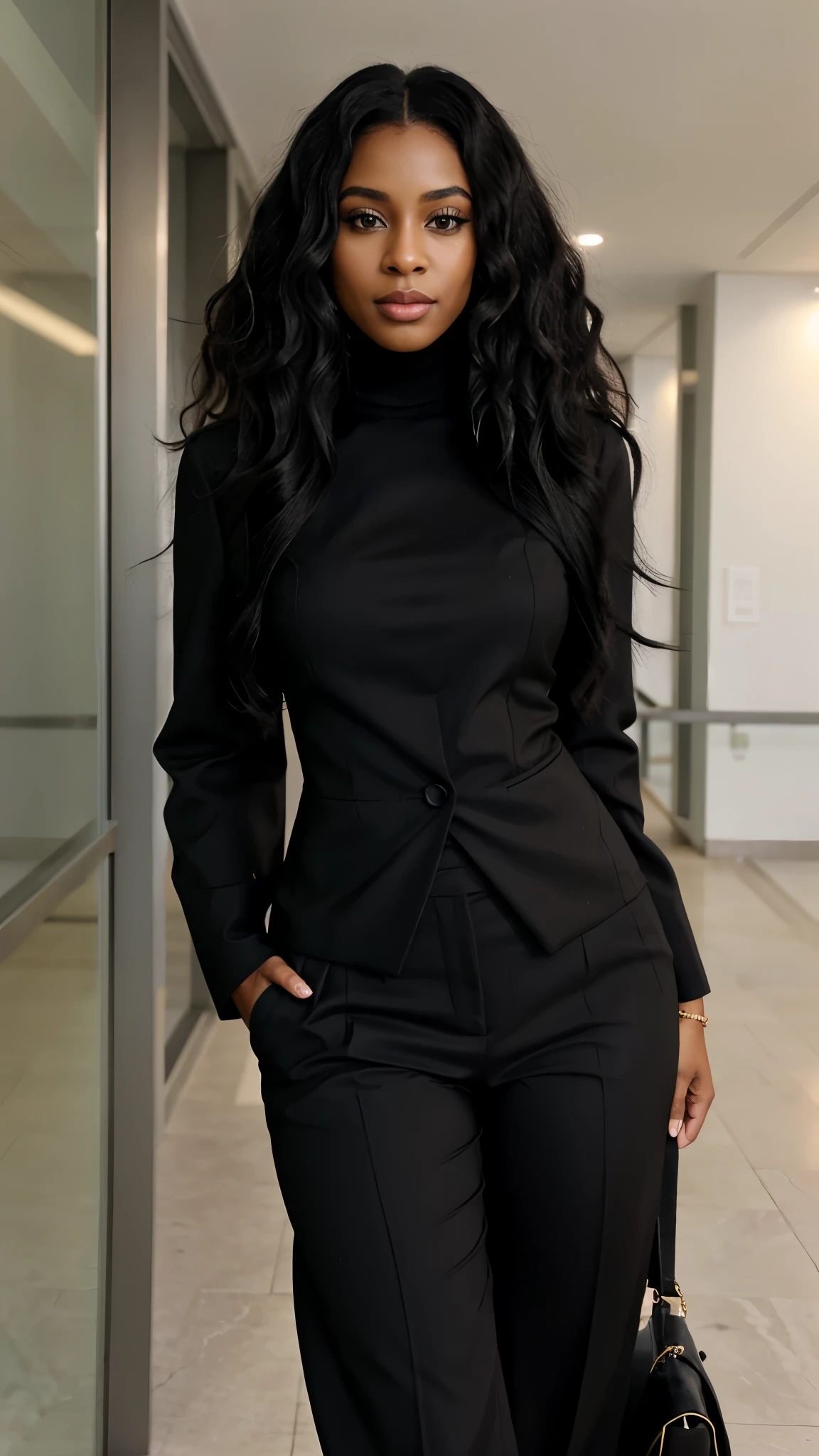 create a black woman with long, curly, black hair, in formal clothes, executive, businesswoman, in a modern environment