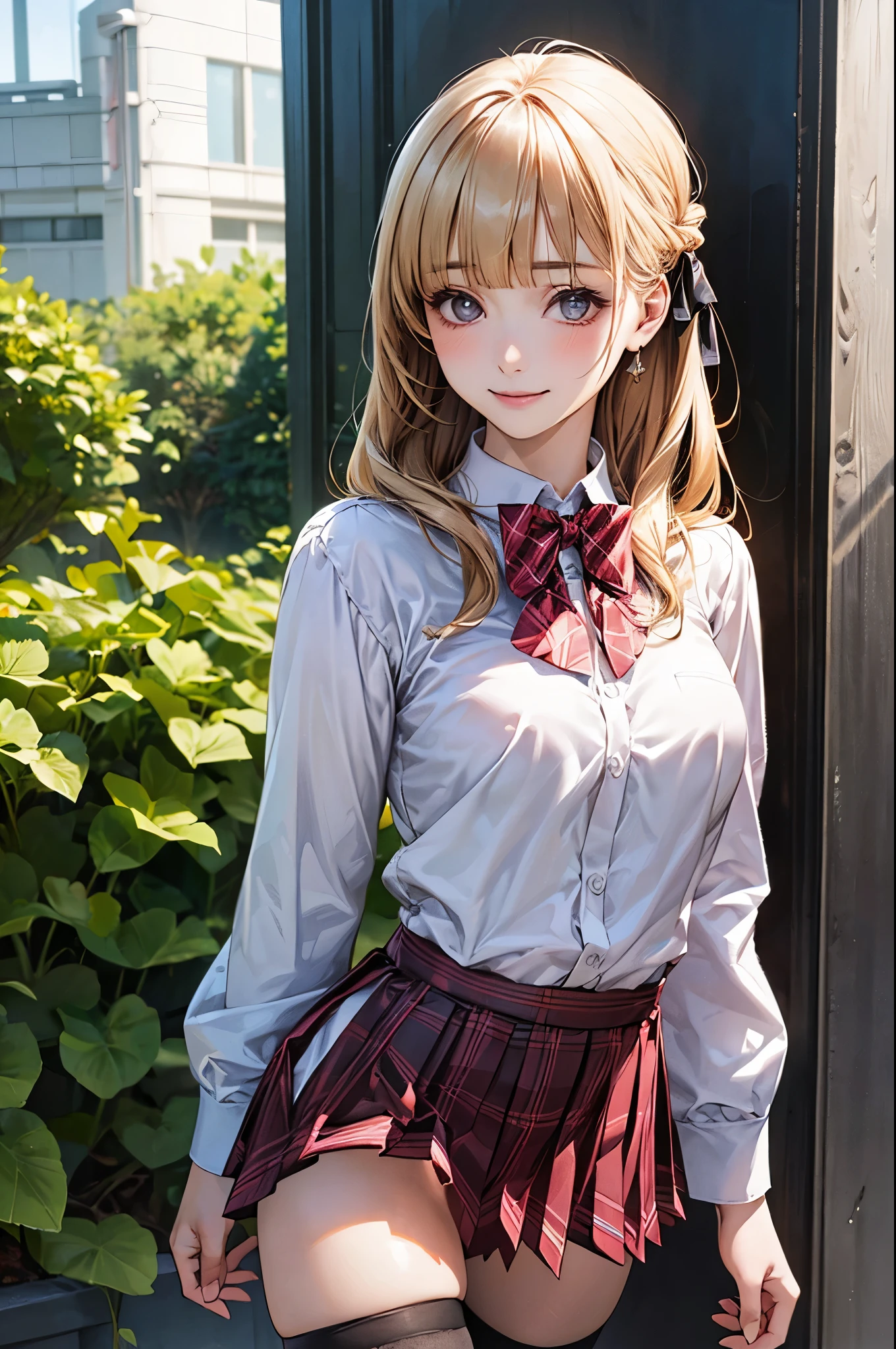 (masterpiece:1.2, top-quality), (realistic, photorealistic:1.4), beautiful illustration, (natural side lighting, movie lighting), nsfw,
looking at viewer, cowboy shot, front view:0.6, 1 girl, japanese, high school girl, perfect face, cute and symmetrical face, shiny skin,
(long hair:1.2, half updo:1.4, blond hair), blunt bangs, gold eyes, drooping eyes, long eye lasher, (large breasts:0.6),
beautiful hair, beautiful face, beautiful detailed eyes, beautiful clavicle, beautiful body, beautiful chest, beautiful thigh, beautiful legs, beautiful fingers,
((white collared shirts, grey pleated skirt, black socks, red plaid bow tie), pink panty),
(beautiful scenery), morning, flower garden, walking, (lovely smile, upper eyes),