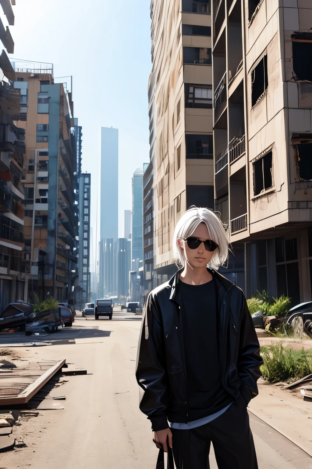 a man,My hair is white and messy,Wearing clothes like a beggar,Dull eyes,Behind is the ruins of high-rise buildings,There are still a few lost ones to chase.