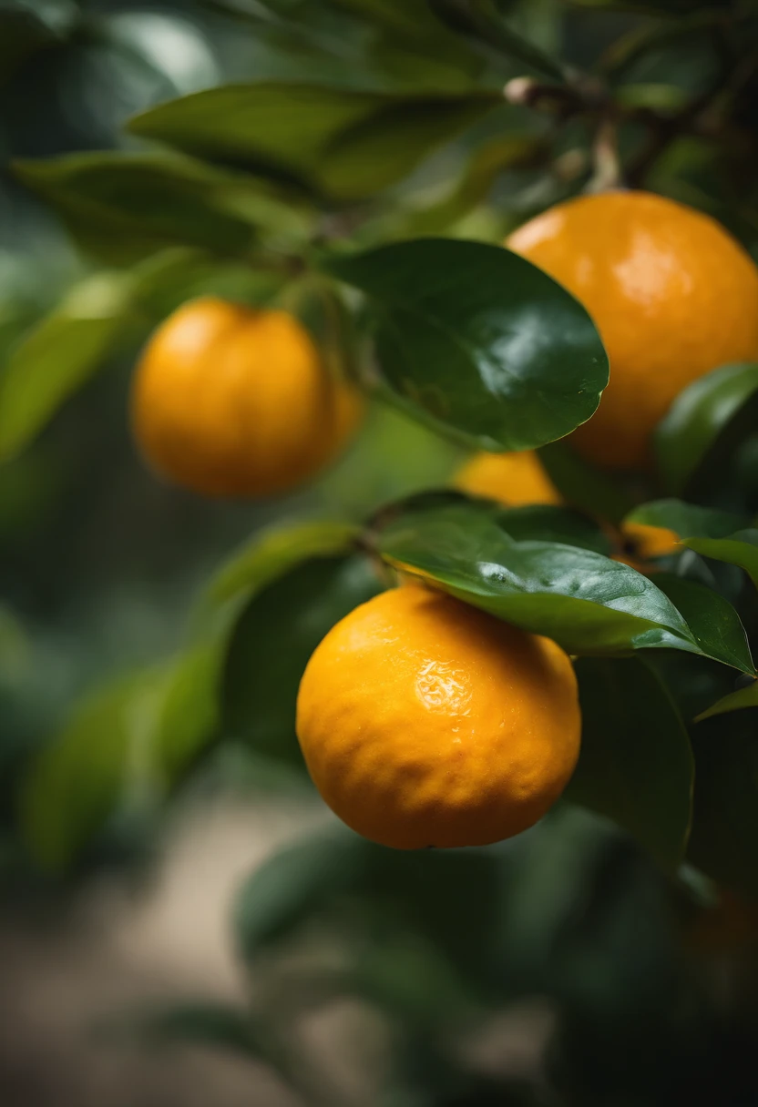 An aesthetic photography composition showcasing a yellow mandarin fruit amidst a cluster of vibrant green leaves, with the natural light casting beautiful shadows and highlights, creating a visually pleasing and organic scene.