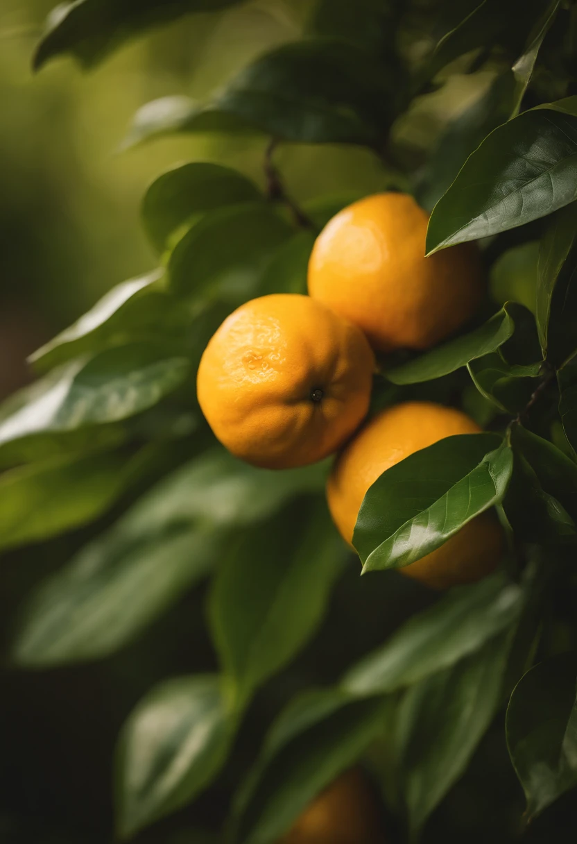 An aesthetic photography composition showcasing a yellow mandarin fruit amidst a cluster of vibrant green leaves, with the natural light casting beautiful shadows and highlights, creating a visually pleasing and organic scene.