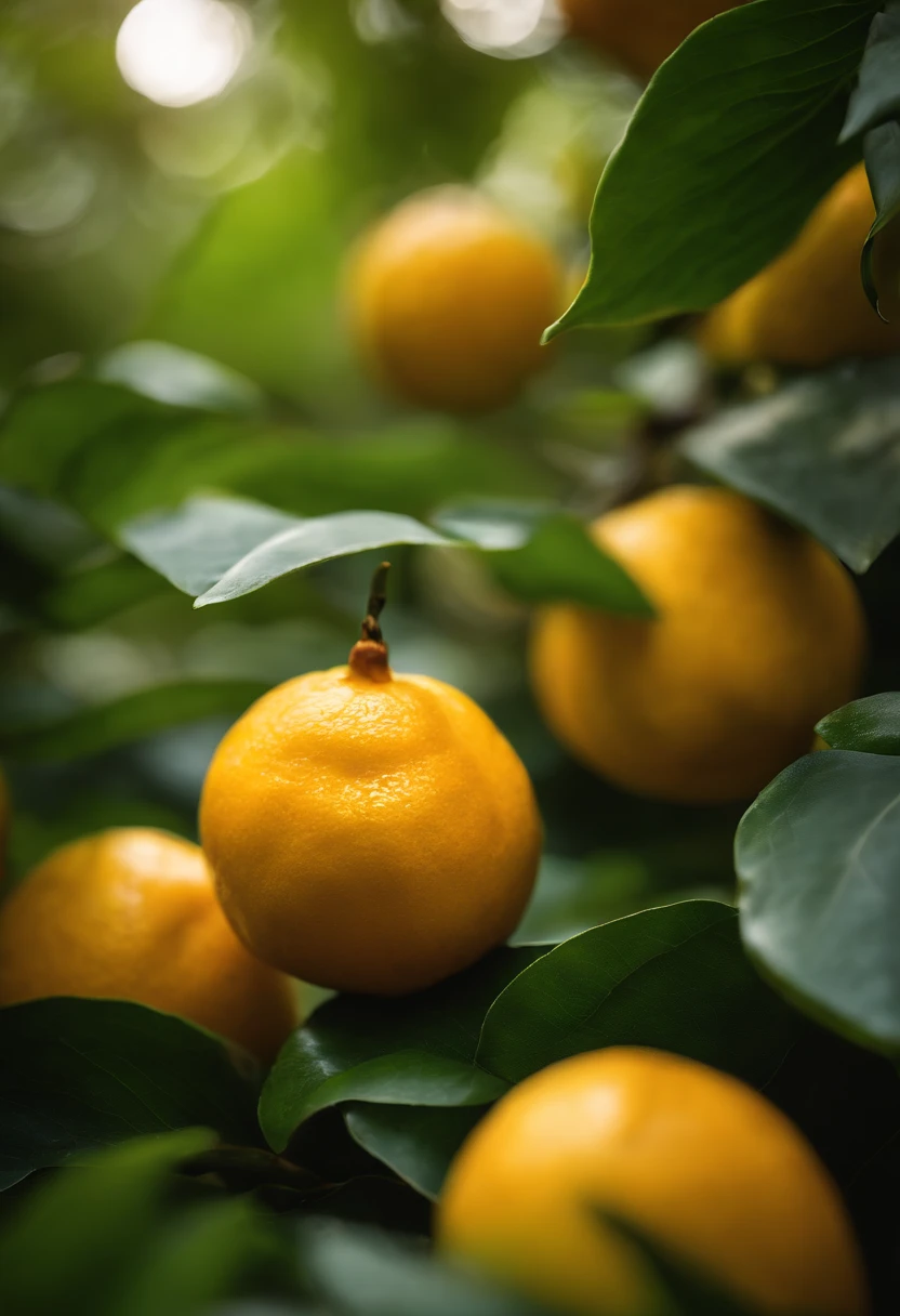 An aesthetic photography composition showcasing a yellow mandarin fruit amidst a cluster of vibrant green leaves, with the natural light casting beautiful shadows and highlights, creating a visually pleasing and organic scene.