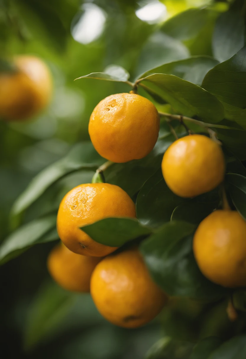 An aesthetic photography composition showcasing a yellow mandarin fruit amidst a cluster of vibrant green leaves, with the natural light casting beautiful shadows and highlights, creating a visually pleasing and organic scene.