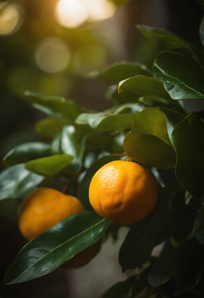 An aesthetic photography composition showcasing a yellow mandarin fruit amidst a cluster of vibrant green leaves, with the natural light casting beautiful shadows and highlights, creating a visually pleasing and organic scene.