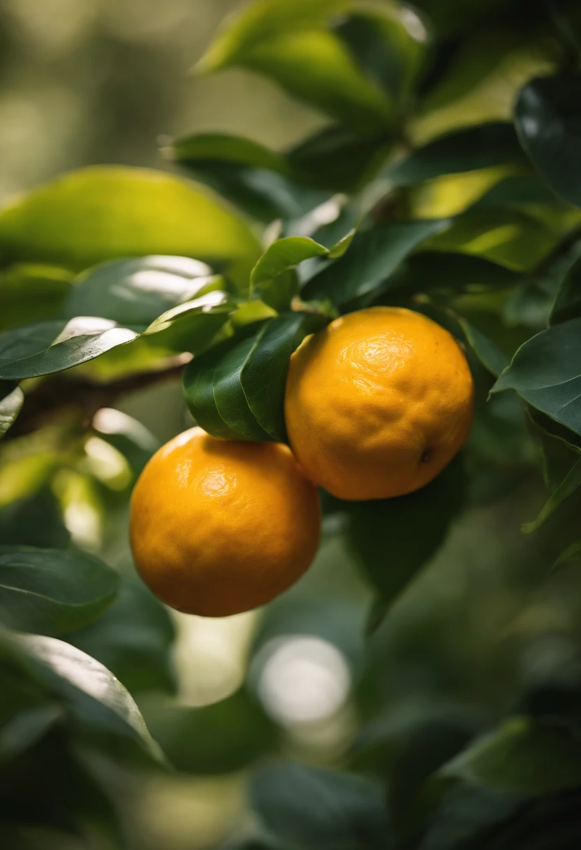 An aesthetic photography composition showcasing a yellow mandarin fruit amidst a cluster of vibrant green leaves, with the natural light casting beautiful shadows and highlights, creating a visually pleasing and organic scene.