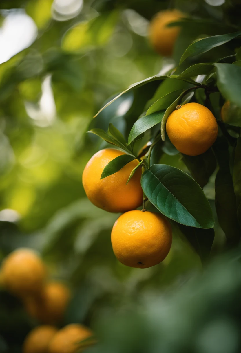 An aesthetic photography composition showcasing a yellow mandarin fruit amidst a cluster of vibrant green leaves, with the natural light casting beautiful shadows and highlights, creating a visually pleasing and organic scene.