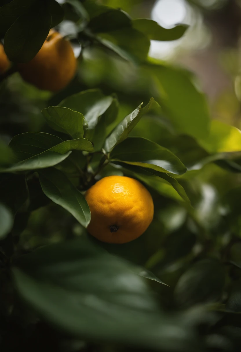 An aesthetic photography composition showcasing a yellow mandarin fruit amidst a cluster of vibrant green leaves, with the natural light casting beautiful shadows and highlights, creating a visually pleasing and organic scene.